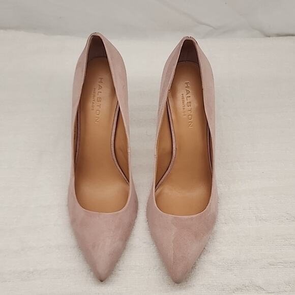 HALSTON HERITAGE CLAUDIA BIEGE/PINK LEATHER UPPER SUEDE STILLETO PUMPS 8.5 GUC - Picture 4 of 16